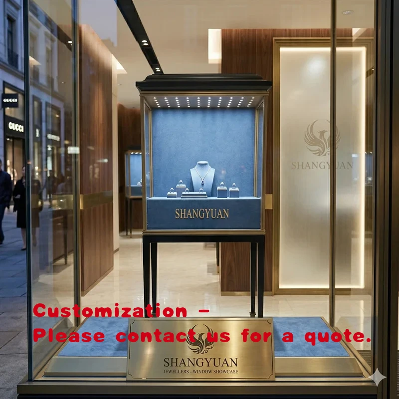 custom.Custom Blue Velvet Black Gold Jewelry Display Showcase Cabinets LED Lighted Fine Gems Tower Retail Boutique