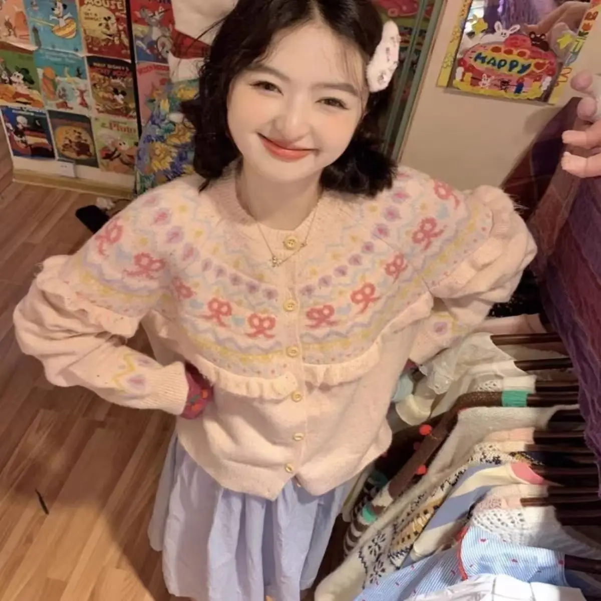 

Vintage Sweet Kawaii Knit Cardigan Women Ruffled Bow Print Cute Preppy Sweater Autumn Winter Long Sleeve Button Jacquard Tops