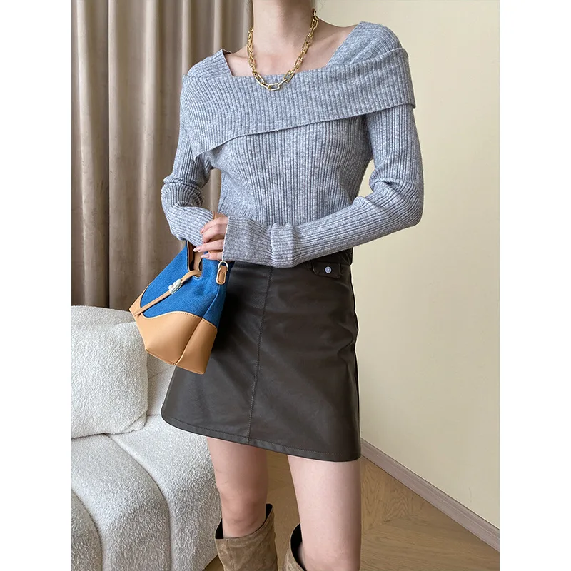 2023 New Women Autumn Good Quality Square Neck Sweater Slim Knitted Pullovers Long Sleeve Winter Sweater Pull Femme