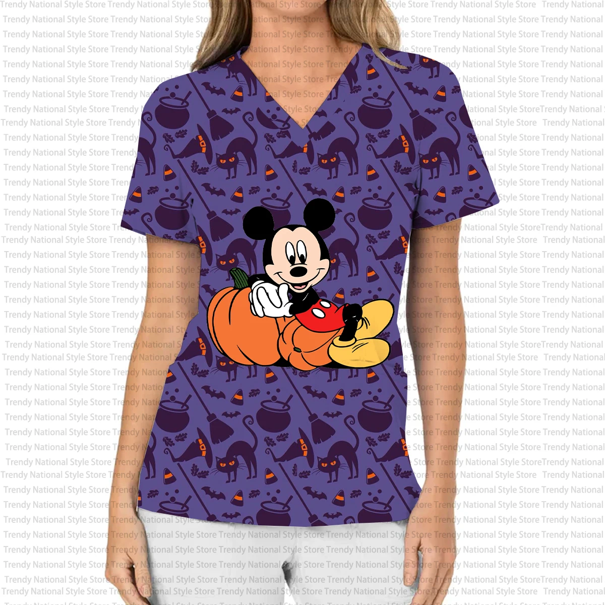 ديزني ميكي وميني هالوين المرأة العمل موحدة طباعة الخامس الرقبة جيب فرك العلوي الأسنان الحيوانات الأليفة متجر صالون تجميل تي شيرت