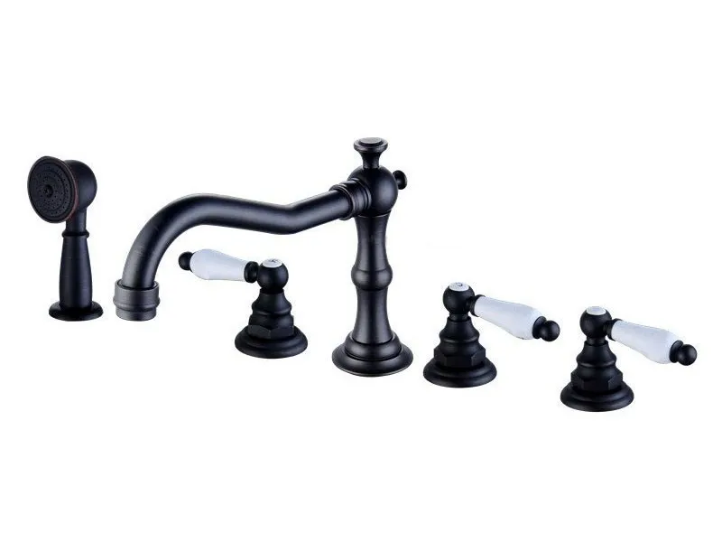 

Black Oil Rubbed Antique Brass Three Levers Handles Deck Mounted 5 Holes Bathroom Tub Faucet Mixer Tap With Handshower mtf052