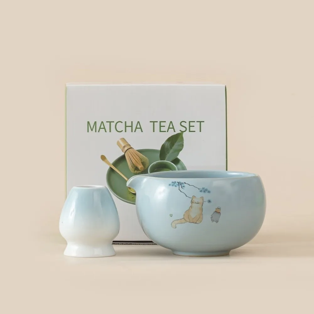 

2/4/5/7PCS New Ceramic Matcha Bowl Pink with Pouring Spout Matcha Making Kit Reusable Cat Matcha Whisk Holder Tea Lovers