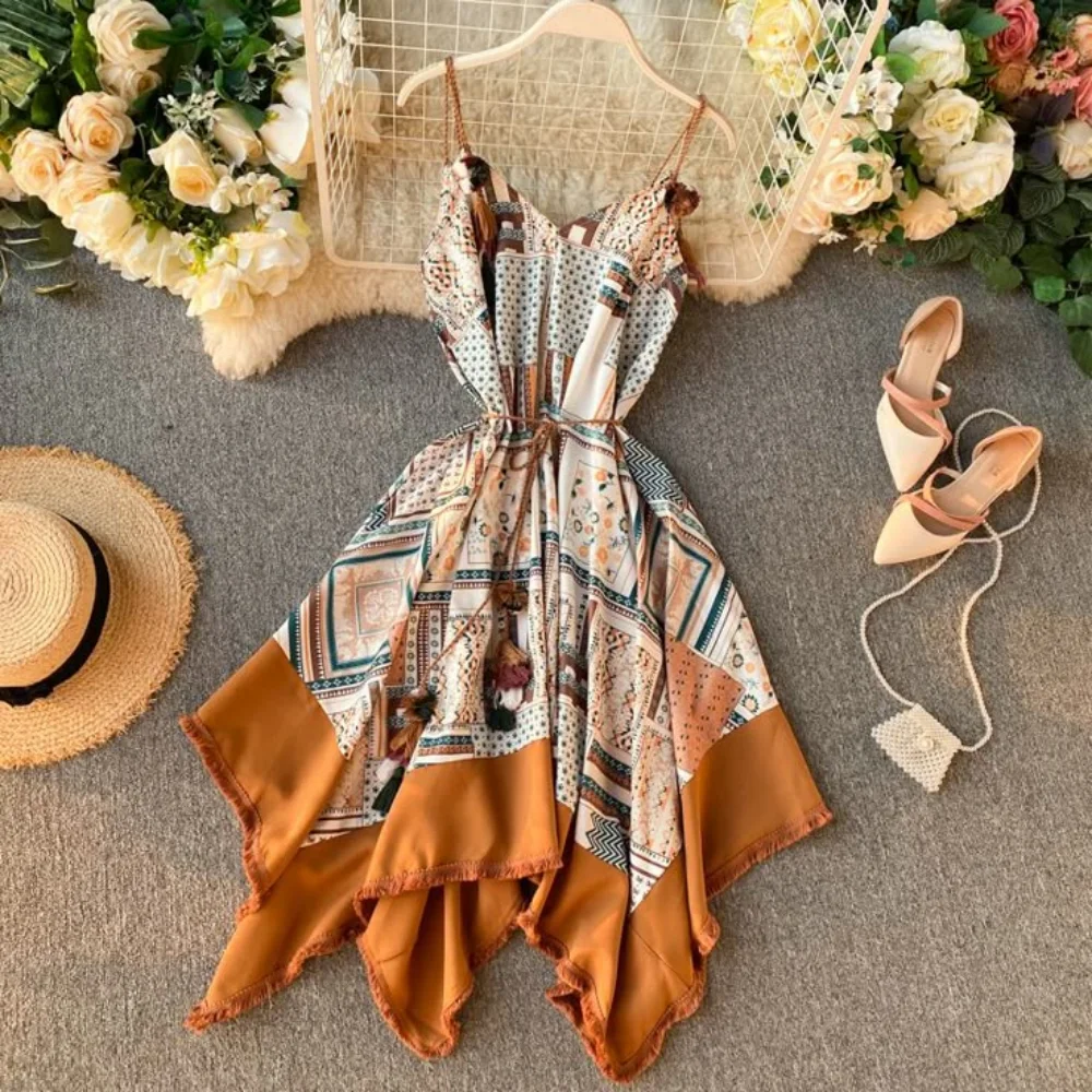 

Bohemian Print Spaghetti Strap Dress Drawstring Waist Asymmetric Hem Tassel Trim Midi Dress for Summer Vacation and Beach