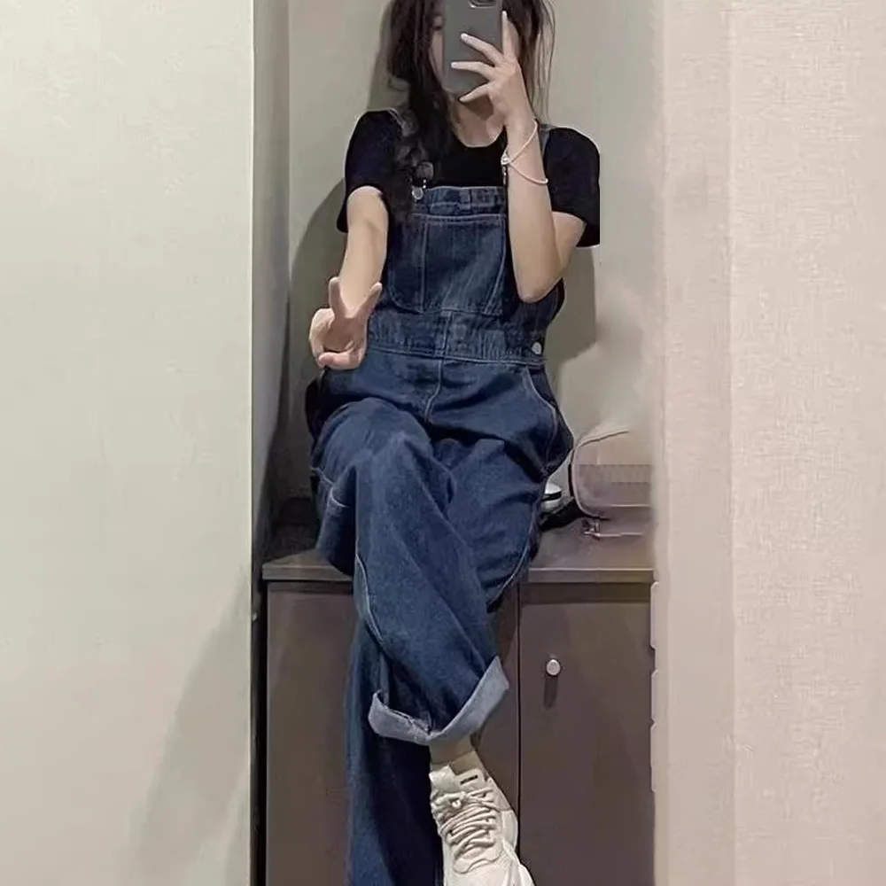 Women's Denim Strap Pants 2026 New Spring Autumn Design Sense Large Pocket Loose Wide Leg Pants Versatile Baggy Jeans