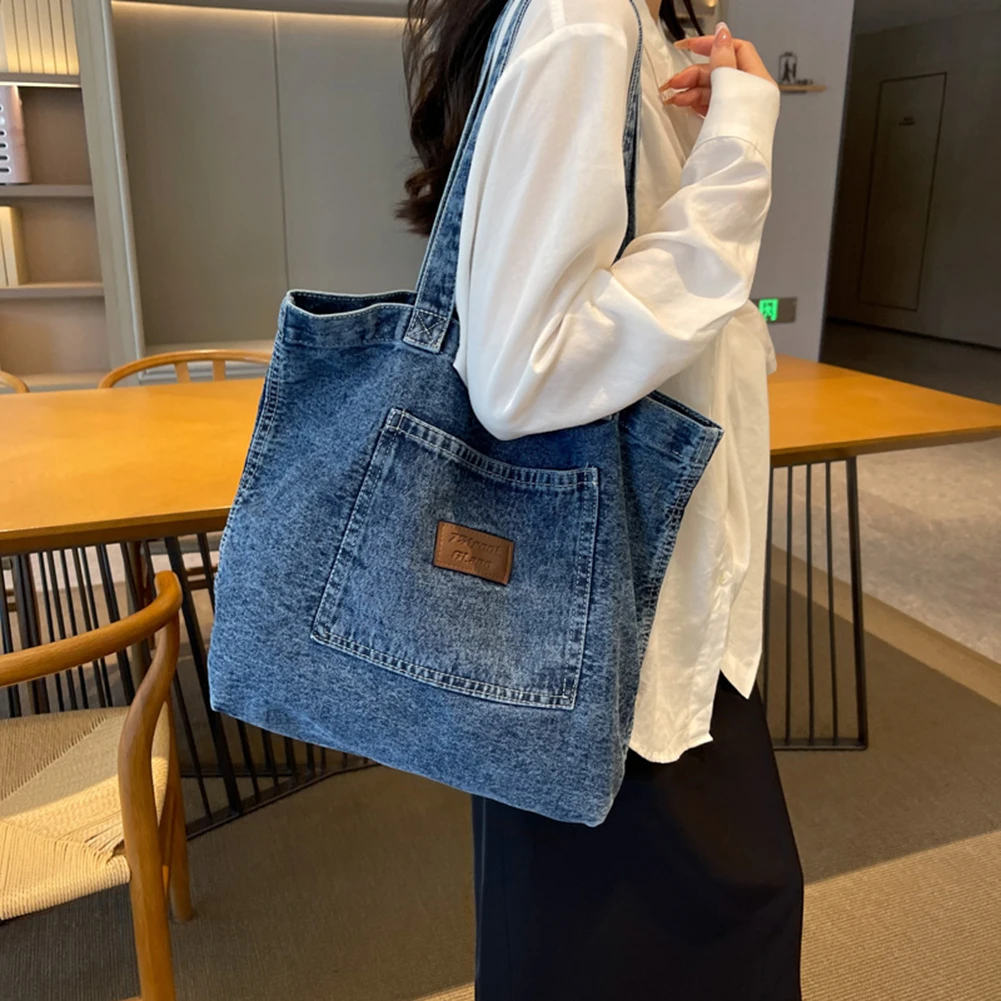 Women Shoulder Bag Large Capacity Denim Tote Bag Solid Color Handbag Clutch Bag Simple Female Commuter Handbag  Crossbody Bag