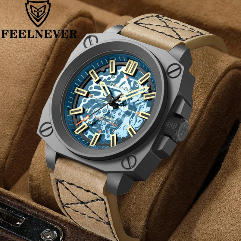 FeelNever Creative Skeleton Luxury Mechanical Watch Casual Sport Military Leather Strap Automatic Men\'s Watches Waterproof Clock