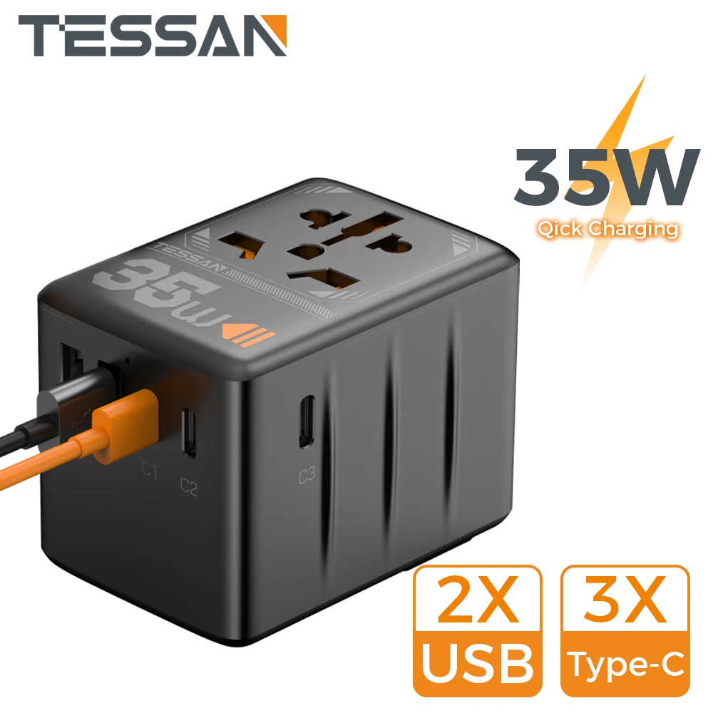 

TESSAN 35W Universal Travel Adapter with USB Type C Fast Charging Worldwide Travel Charger Adapter EU/UK/USA/AUS Plug for Travel