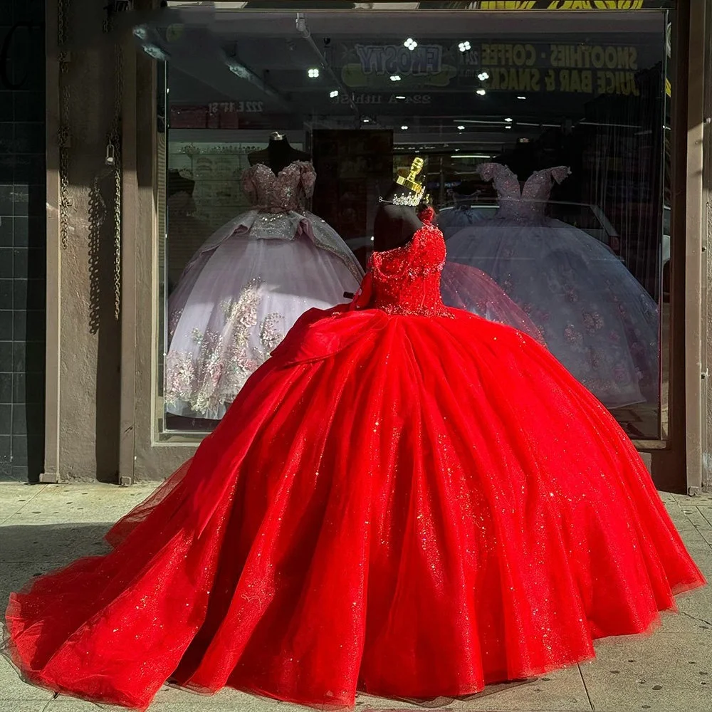 Vestido Lorencia vermelho Quinceanera, vestido de baile, apliques fora do ombro, laço de renda, México Sweet 16, 15 anos, novo, YQD520