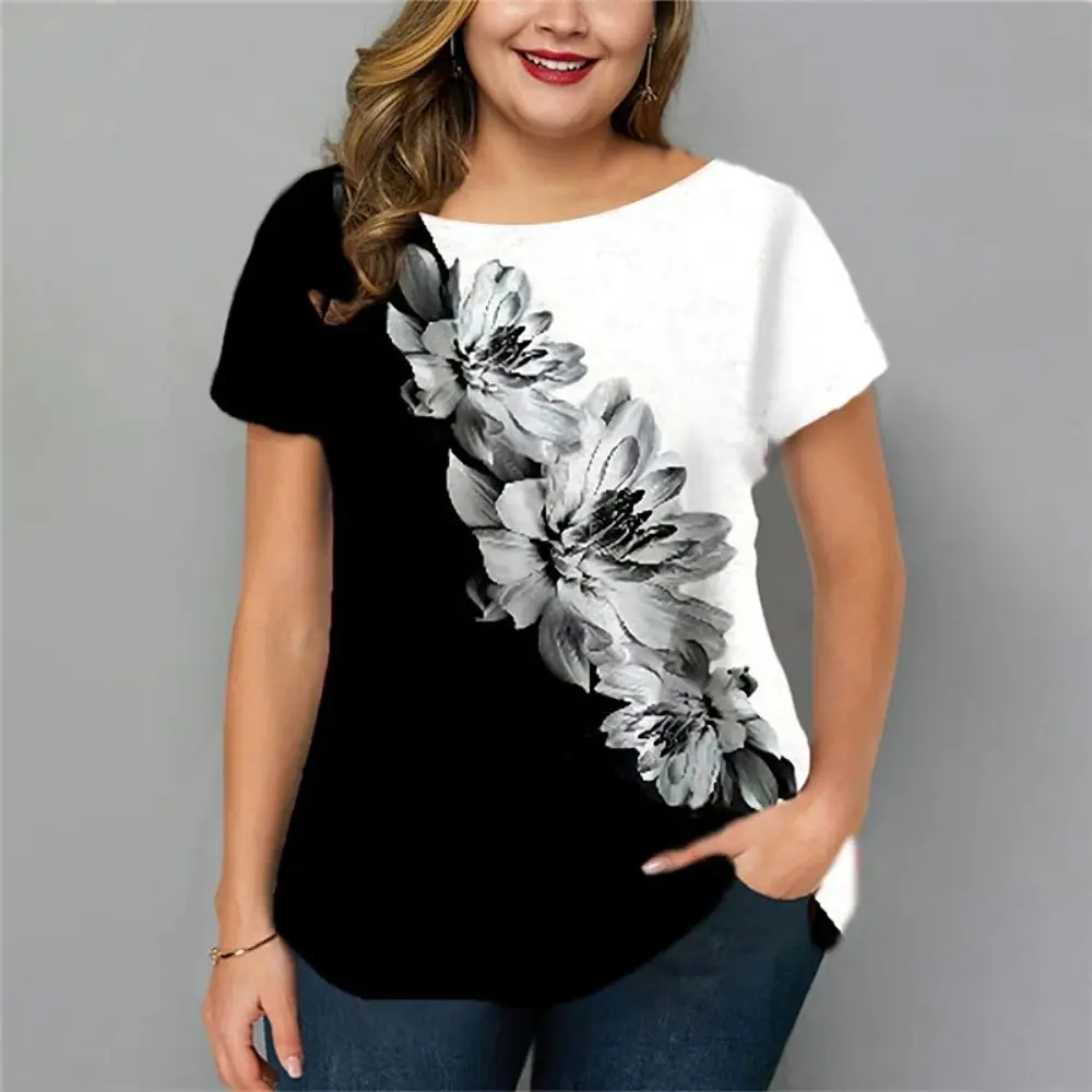 Camisetas con estampado Floral para mujer, jerséis de cuello redondo, Tops de manga corta, ropa de calle de gran tamaño, 2023