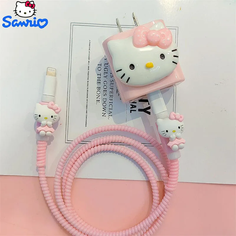 Kawaii Sanrio Cute Hello Kittys Iphone14 Charger Protective Sleeve Data Cable Break-Proof 20W Winding Rope Girls Anime Gift Toys