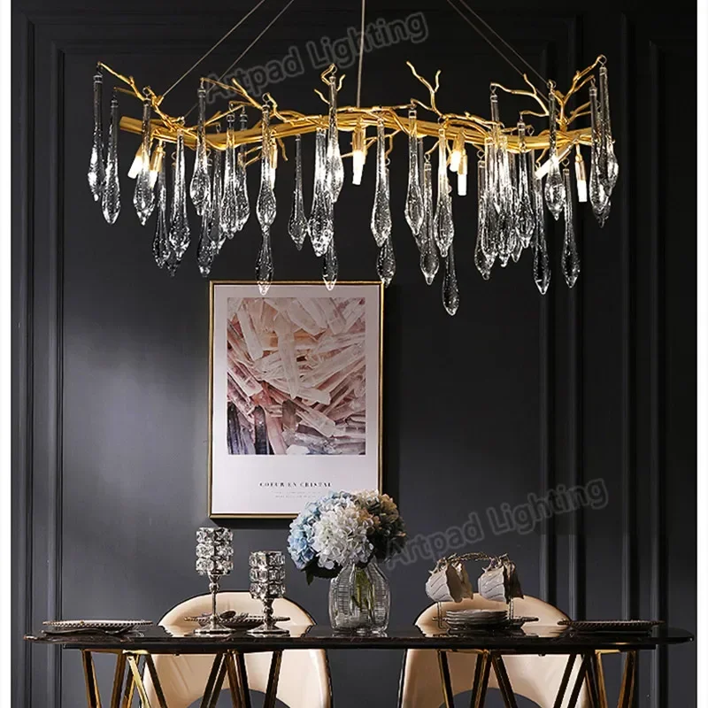 Modern Crystal Chandelier Lighting Ceiling Pendant Dining Room Foyer Chandeliers Drop Hanging Light Fixtures Branch Style Gold