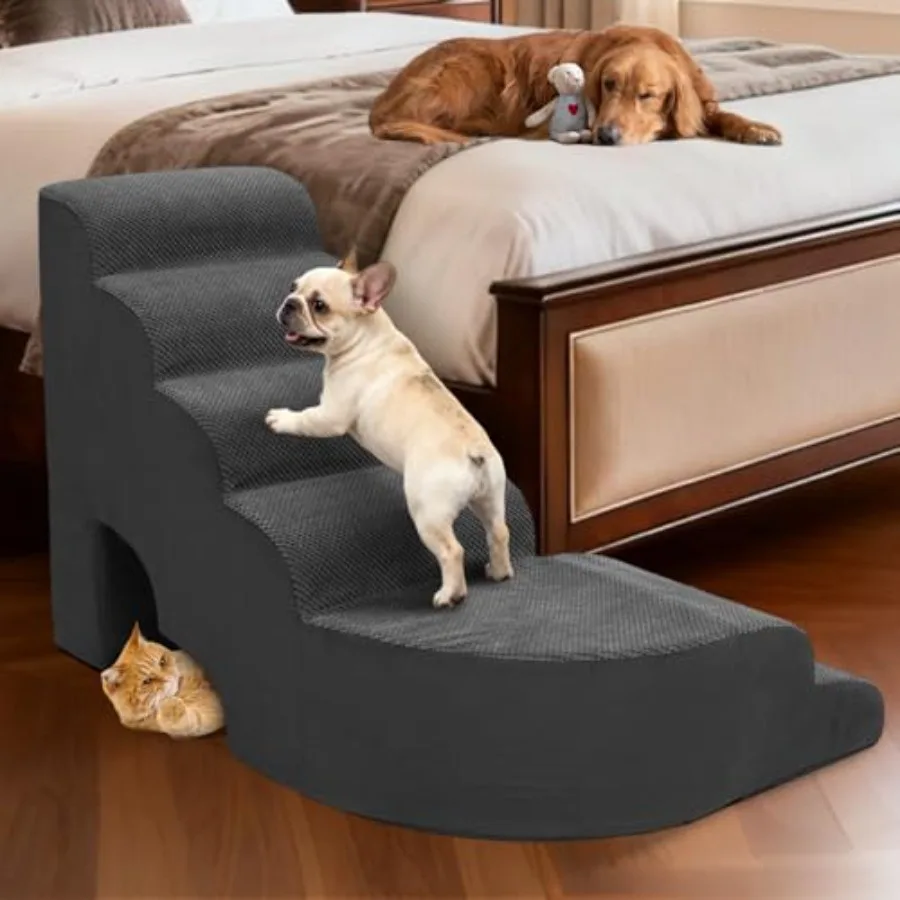 

Лестница для собак L-образной формы для высоких кроватей, 6 ступеней, мягкие поролоновые ступеньки, 27-30 дюймов, нескользящая, прочная, поролоновая рампа для собак, для маленьких и крупных пород