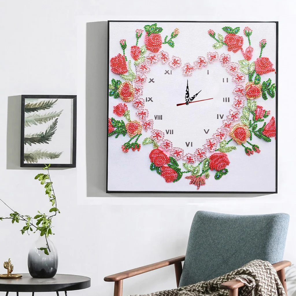 DIY Diamond Painted Wall Clock Without Frame Home Decoration Multi-colored Special-shaped Diamond Rose Watch Wall Clock 35*3.5CM