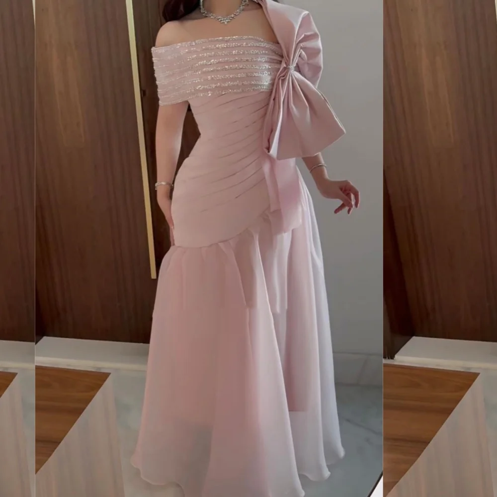 

Customized Intricate Jersey Pleat A-line Off-the-shoulder Midi Dresses Prom Dresses Classic Exquisite Modern Style Pastrol Chin