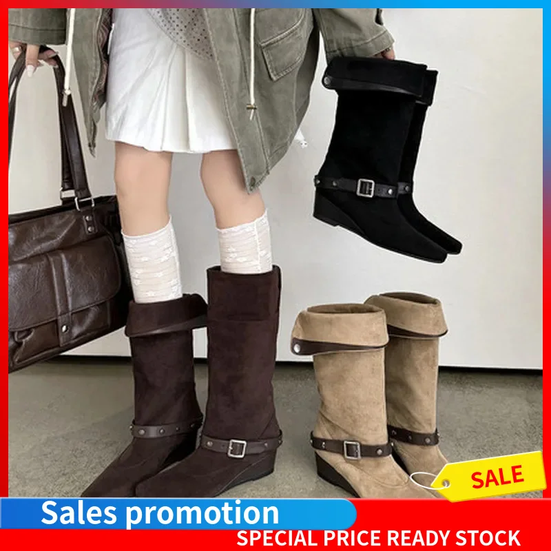 2026 New Matte Suede Wedge Heel Mid Calf Boots Square Toe Belt Buckle Decor Slip On Women Fashion Boots Black Brown Apricot F205