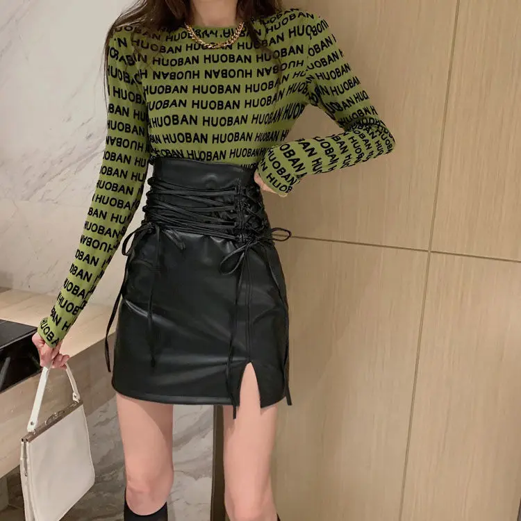 Harajuku Punk Gothic Black High Waist Black Skirts Women Sexy PU Bandage Mini Skirt Female Streetwear Black Skirt