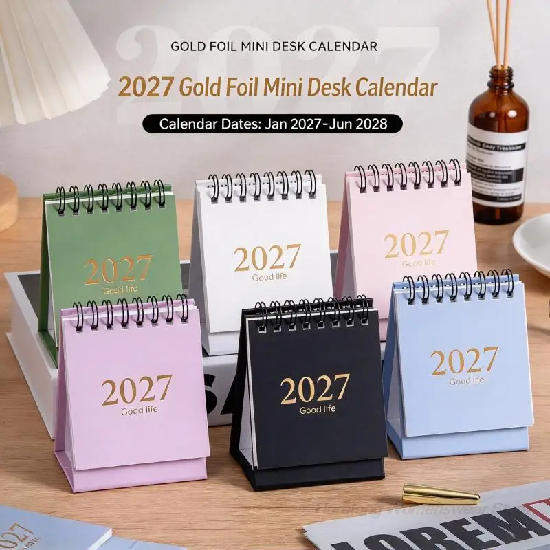 2027 Mini Desk Calendar 18 Months English Version Gold Foil Minimalist Standing Desktop Flip Calendar Portable Monthly Planner