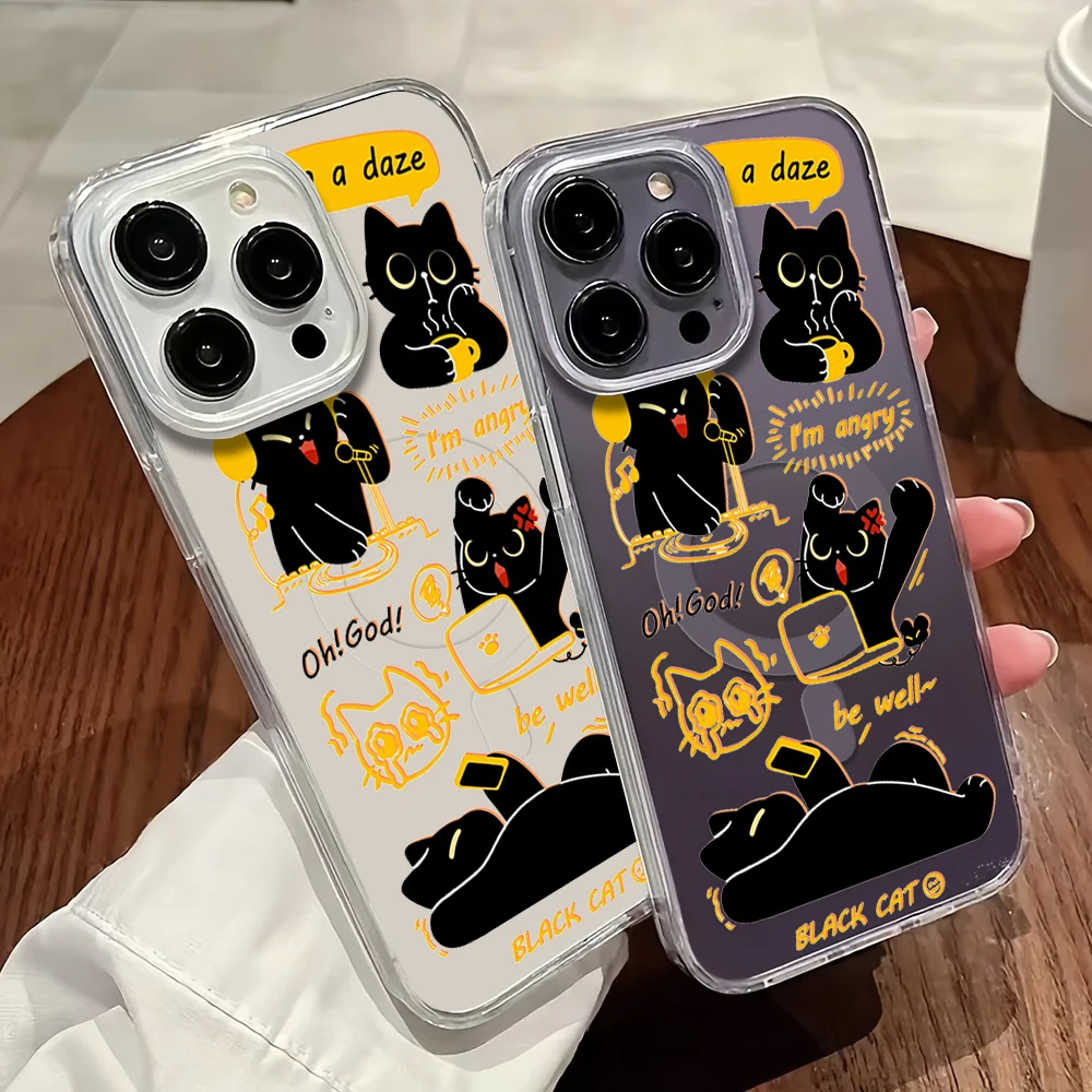 Funda de teléfono de gato de trabajo negro de dibujos animados para iPhone 11, 12, 13, 14, 15, 16 Pro Max Plus, Magesafe, carga magnética transparente, carcasa suave