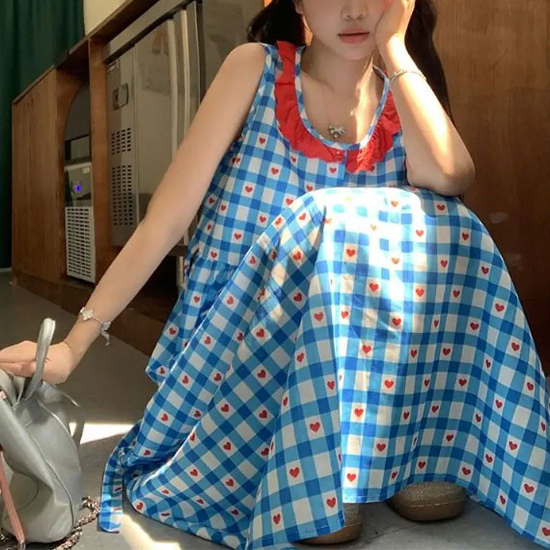 

Heart-shaped Blue Plaid Sundress Female Clothing Stylish Folds A-Line 2024 Summer Contrasting Colors Sweet Sleeveless Long Dress