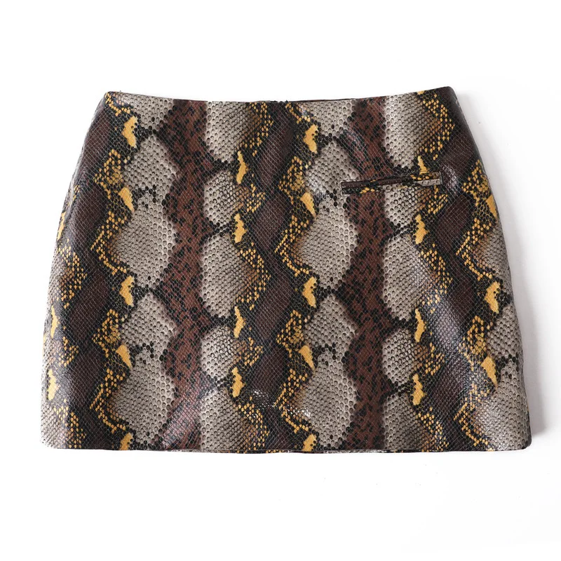 

Genuine Leather Sexy Snake Print Mini Skirt Slim Fit Women 2024 Spring Fashion High Waist Retro A-line Skirt Sexy Club