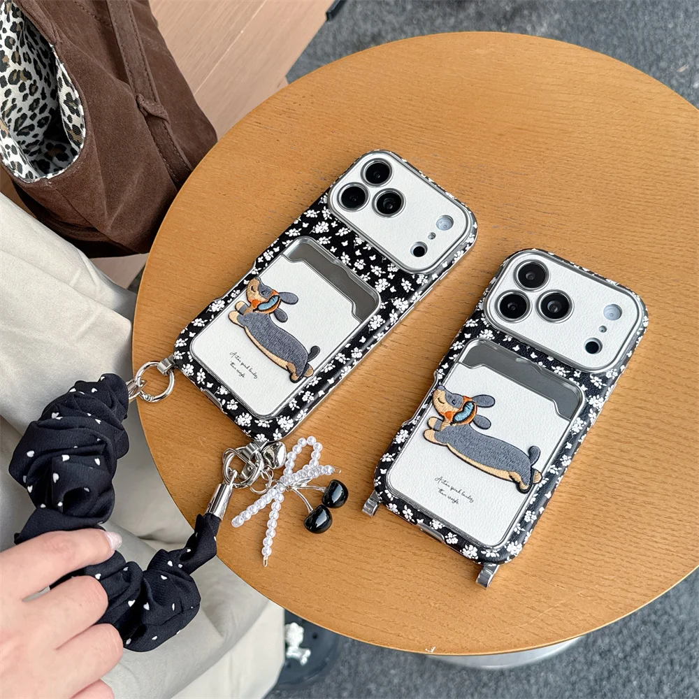 Korea Fashion Ins Embroidered Dachshund Phone Case For iPhone 18 Pro 17 16 15 Pro Max Cover Shockproof Cute Cases 18Promax