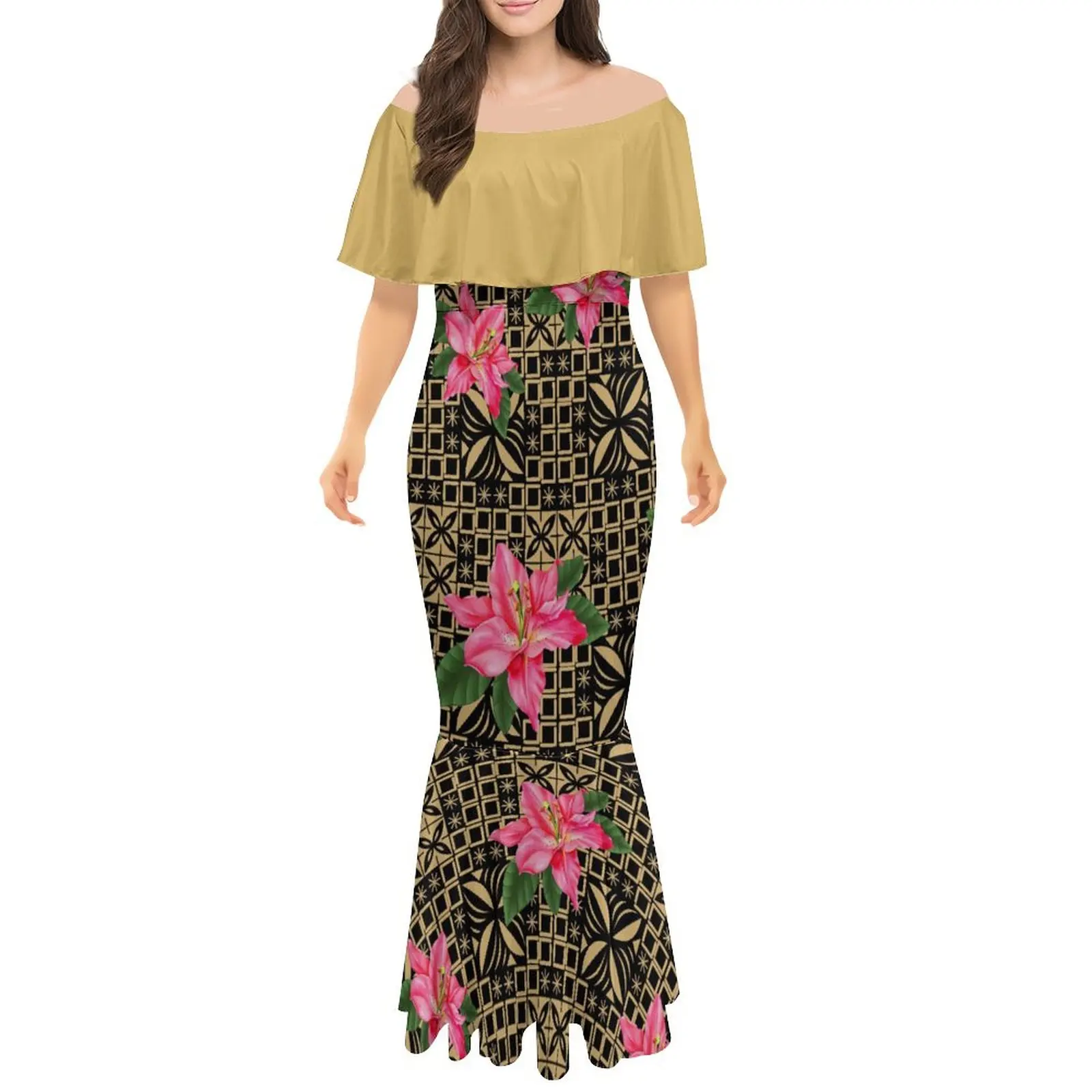 High Quality Polynesian Islands Fashion Women'S Off-The-Shoulder Maxi Dress Fashion Dress Men Shirt Formal Occasion Couple Suit