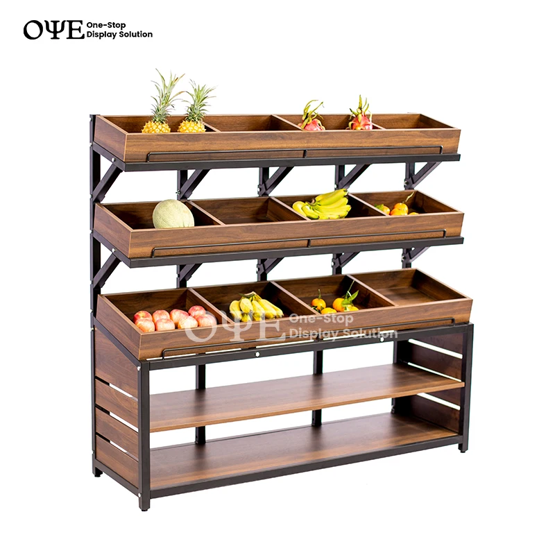 custom.Supermarket Stainless steel Wooden Fruit and Vegetable Display Stands Rack Shelf Counter