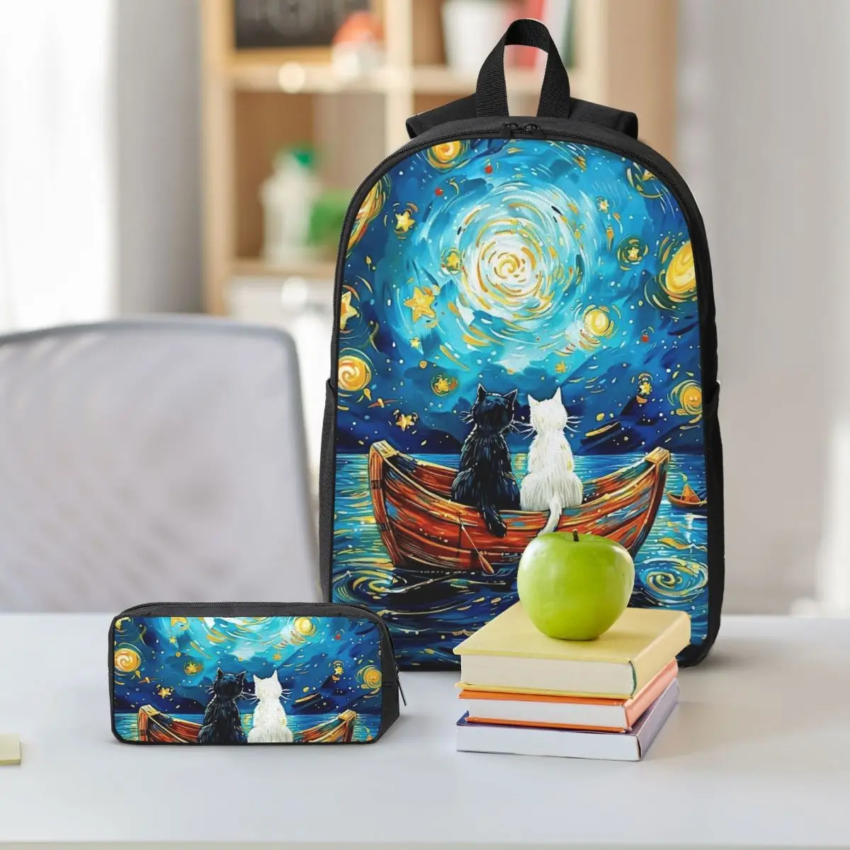 Starry Night Cats Artistic Backpack Boys Girls BookBag School Bag Shoulder Bags 3ps Insulated Lunch Bag Pencil Case