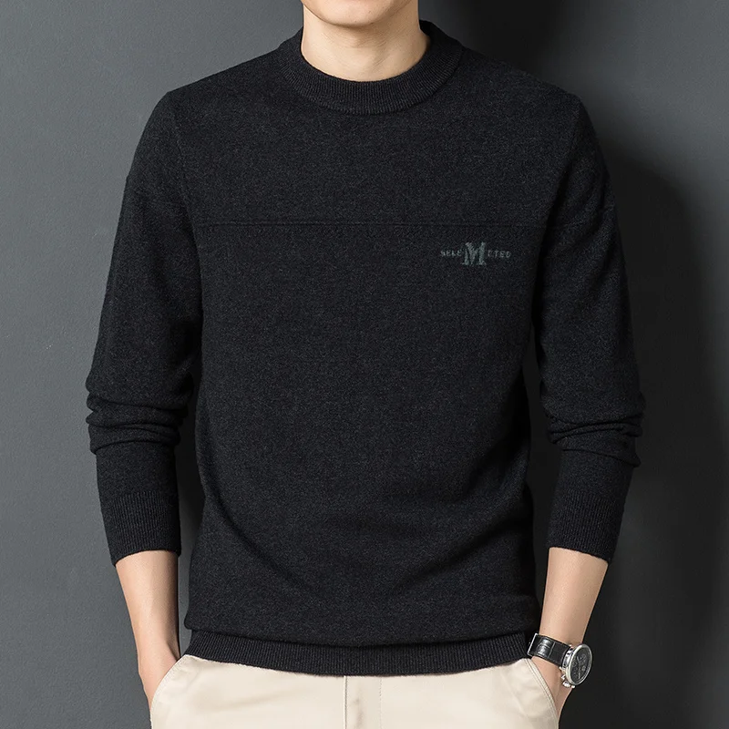 

sweater round 200% men's pullover pure wool neck sweater thickened warm casual knit bottoming shirt.
