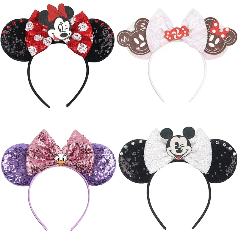 Disney Minnie Hair Bow Headband Sequins Mickey Mouse Ears Hairband For Women Baby Birthday Girls DIY Party Hair Accessories Gift