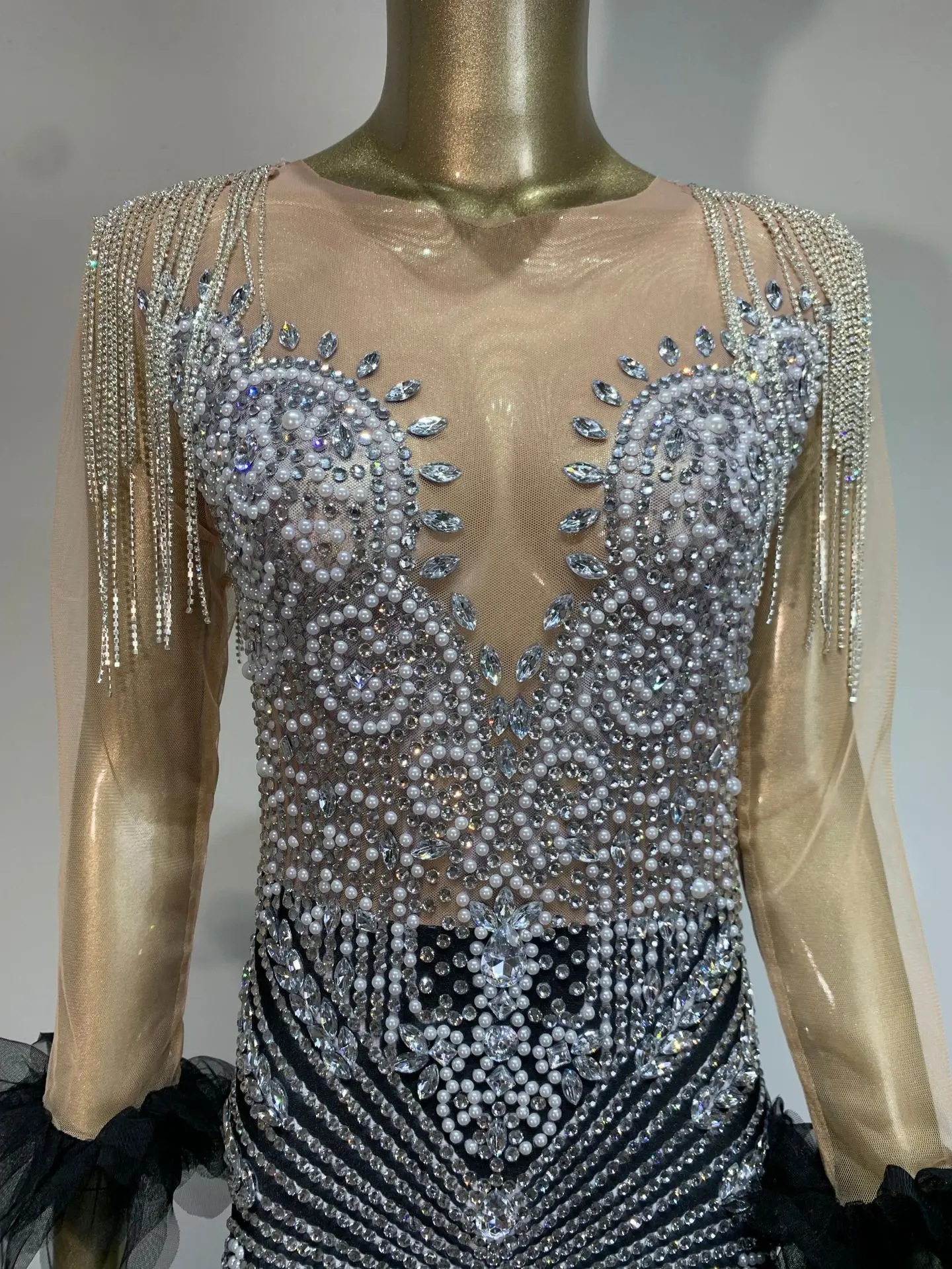 STOCK Luxury Skinny Rhinestone Mesh Dress Club Nightclub Performance Outfit Sexy Banquet Gown Splicing Detail Rhinestone Dresses