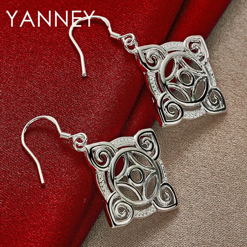 

2024 New 925 Sterling Silver 43MM Fine Chinese Square Earrings For Fashion Engagement Girls Women Jewelry Accessories Gifts