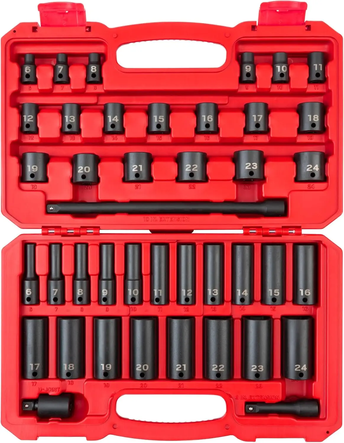 

Набор ударных головок с приводом 3/8 дюйма, состоящий из 4 предметов, с неглубокими и глубокими розетками, удлинителями и футляром (6–24 мм)