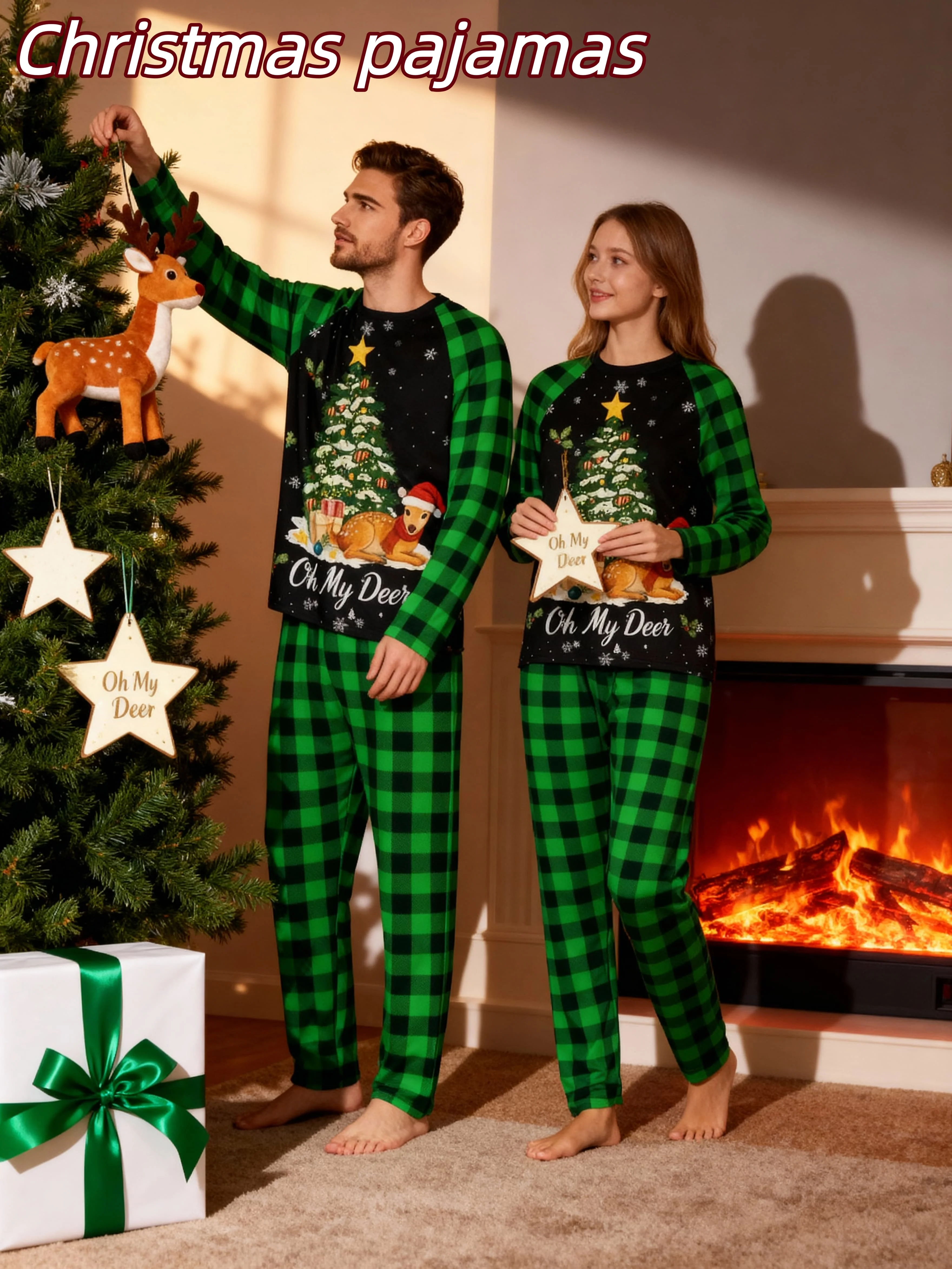 2-Piece Christmas Family Matching Outfits for Family Photos, New Year Christmas Tree Gift Print Green Plaid Long-Sleeve Long-Pants Pajama Set, Christmas Loungewear Set, Men's or Women'S, Children's Holiday Pajamas Loun