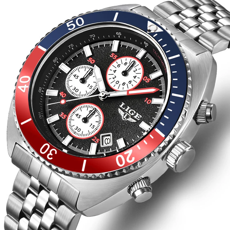 

LIGE NewMens Watches Top Brand Sports Quartz Date Wristwatch Man Luxury Stainless Steel Waterproof Chronograph Men Gift+Box