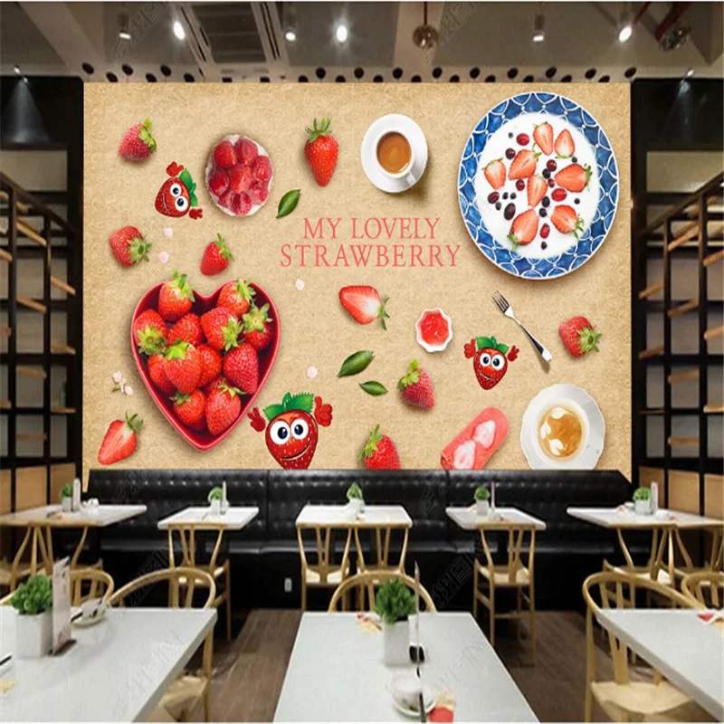 3D Mural Wallpapers Fruit Strawberry Pastry Cake Dessert Shop Industrial decoration Background Wall papers papel de parede 3d