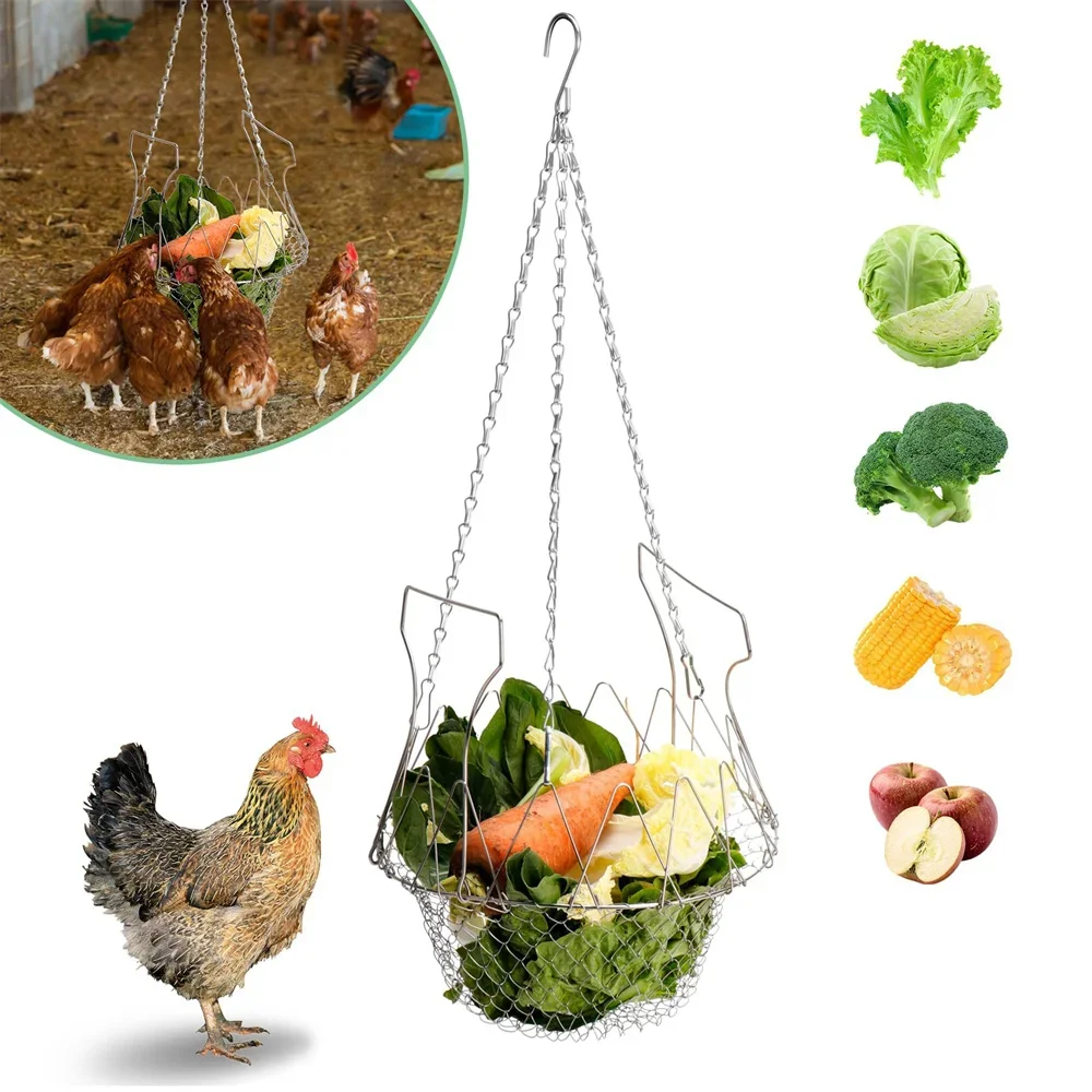 

Hanging Chicken Feeder Foldable Basket 9Inch with 21inch Hanging Chain for Chicken Duck Rabbit Vegetable Fruit Treat Ball