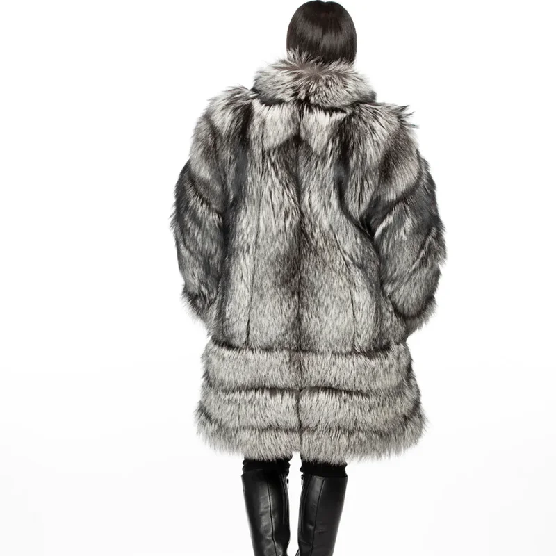 Women's Real Silver Fox Fur Coats Fashion Luxury Natural Fox Fur Thick Overcoat Winter Warm Lapel Genuine Fur Jacket Outwear