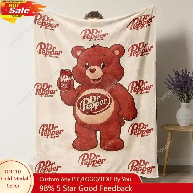 Dr Pepper Bear Flanell-Überwurfdecke, weich, warm, maschinenwaschbar, dekorative Wandbehang für Bett, individuelle Heimtextilien