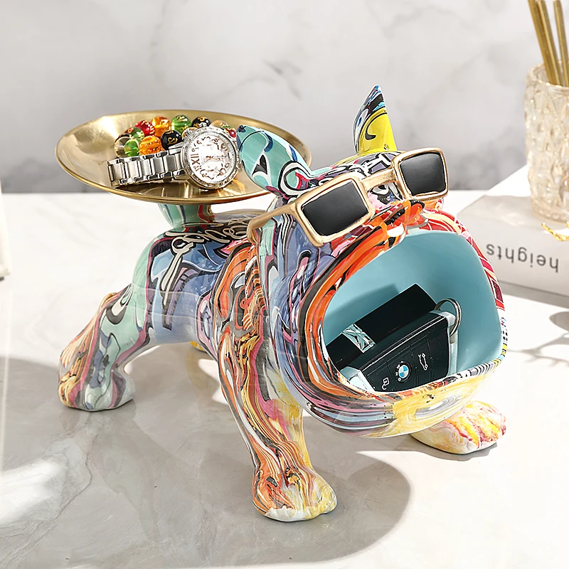 Nordic Luxury Home Decoration French Bulldog Statue Decor Storage Tray Living Room Bedroom Dog Figurine Interior Decoration