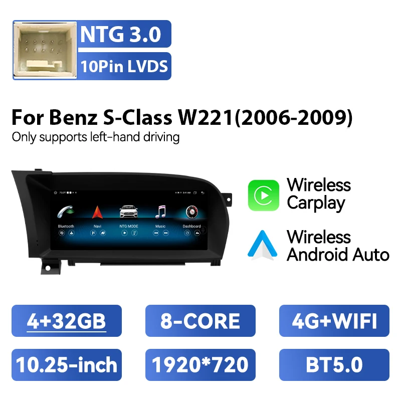 10.25 inch IPS Scherm Draadloze Carplay Auto AutoRadio Voor Mercedes Benz S-Klasse W221 3.0/3.5 Android 14 GPS Navigatie Multimedia