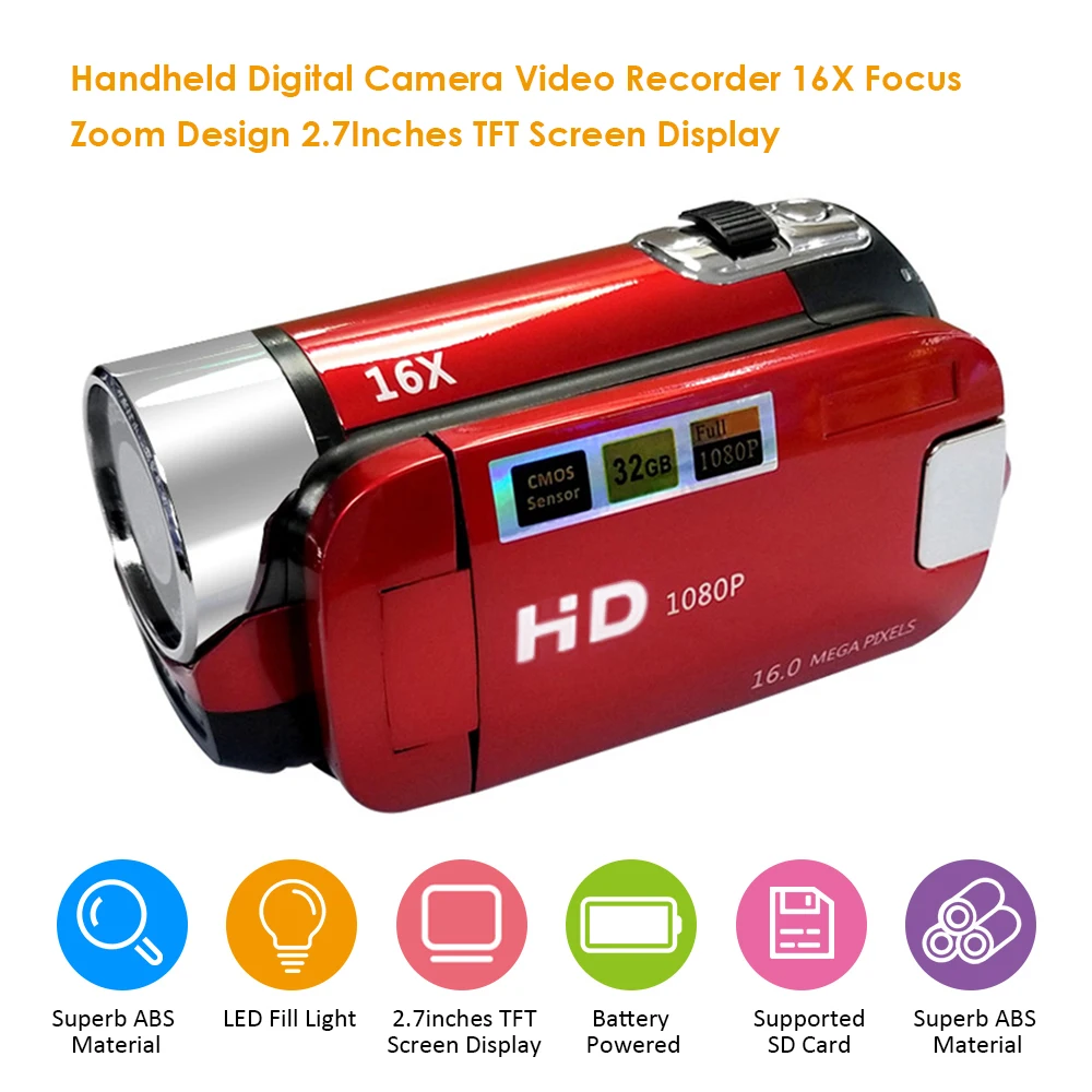 Digital Camera Video Recorder 16X F-ocus Zoom Design 2.7Inches TFT Screen Display Supported SD Card Batter-y Powered Operated