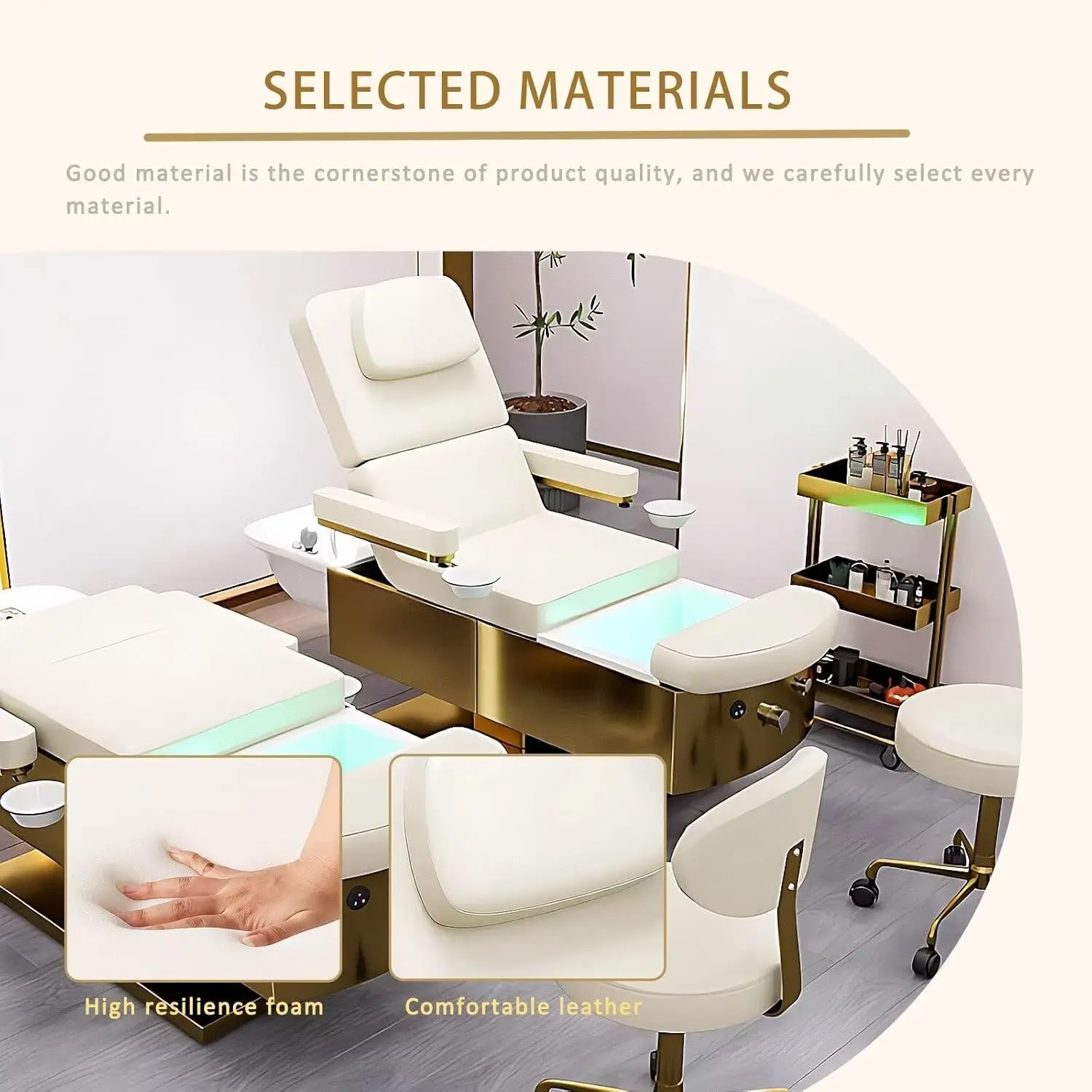 Sillón de peluquería con elevación de espalda, masaje de pies, lavacabezas, mesa de pedicura y spa capilar, cama de champú con luces LED, cama de spa capilar