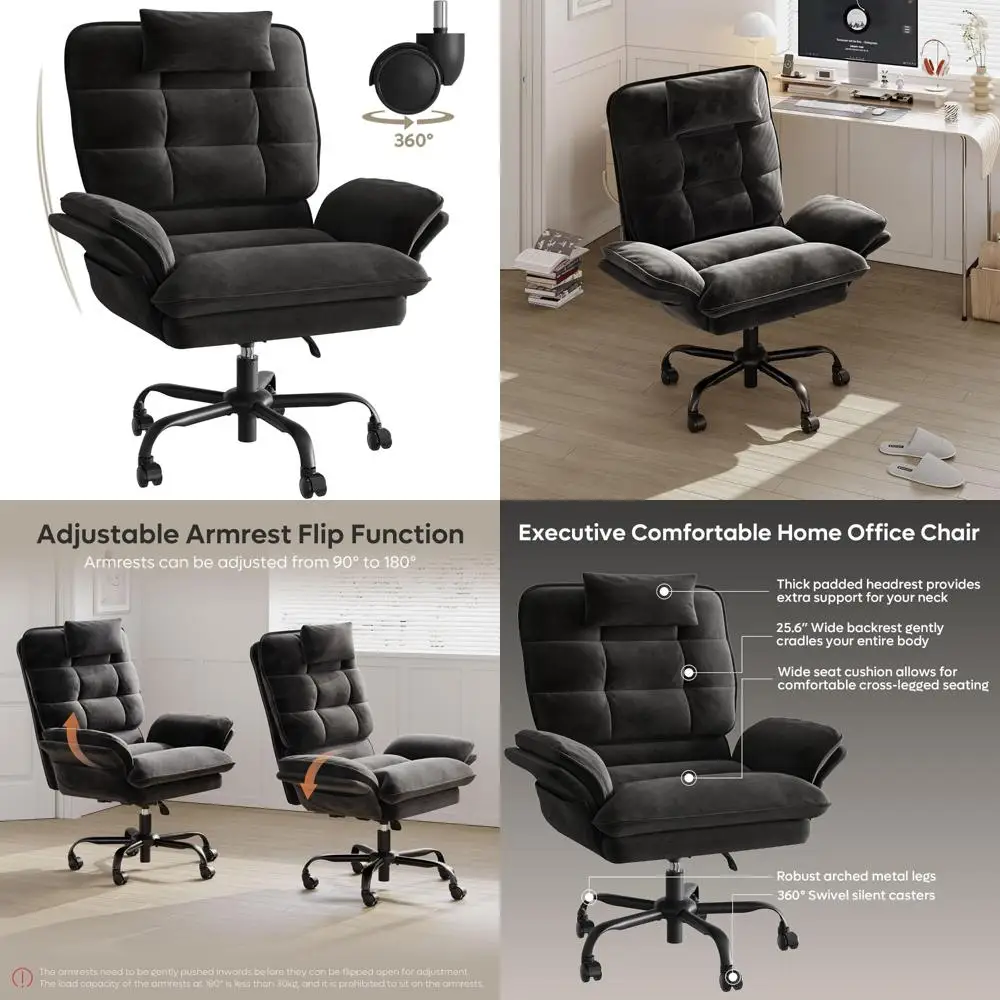 

Adjustable Arm Cross Legged Office Chair, Reclining Velvet Executive Desk Chair with Wheels, Large Size Comfortable Seating Opti