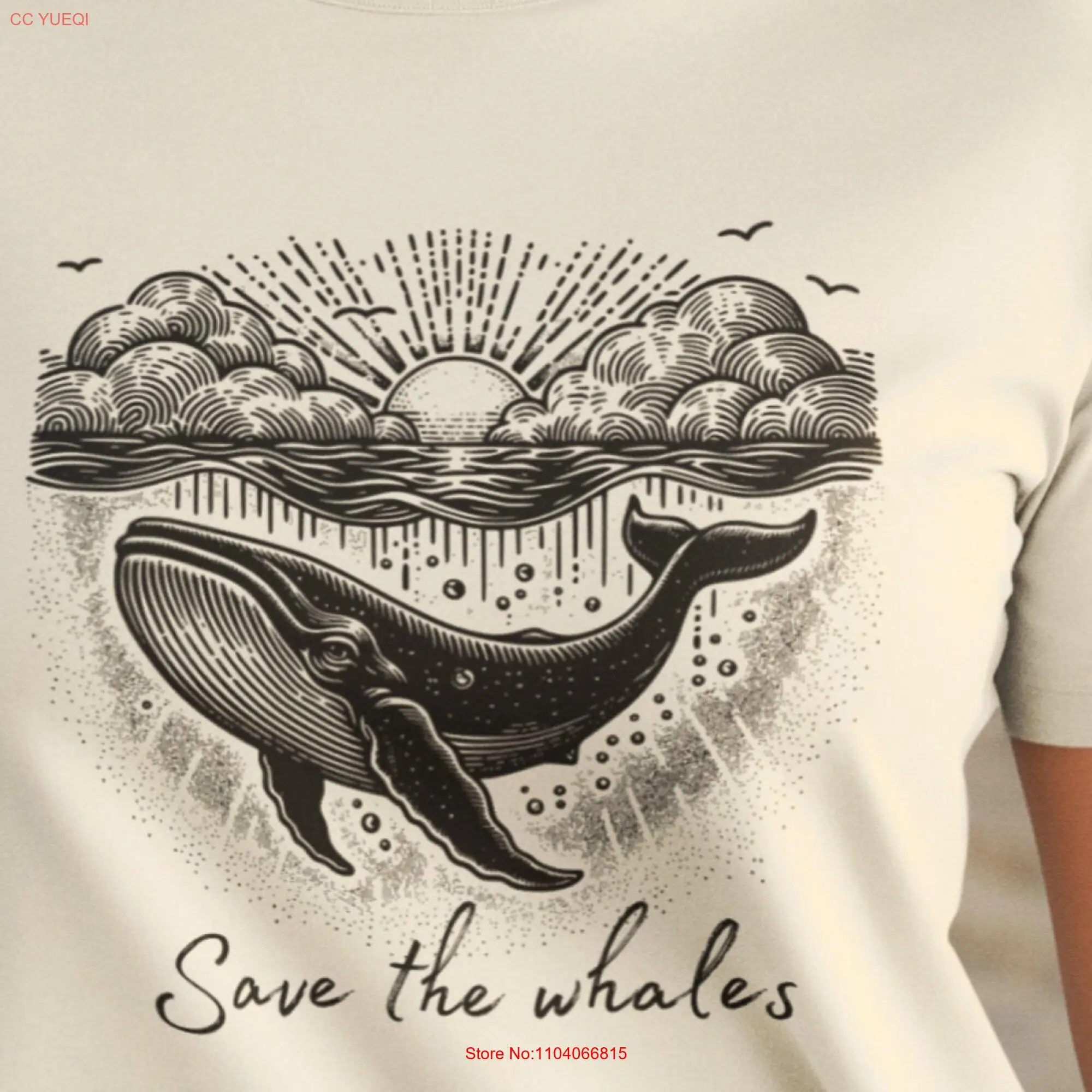 Save the Whales Recycled T shirt Organic Ocean Sunset Conservation Sustainable Lifestyle long or short sleeves