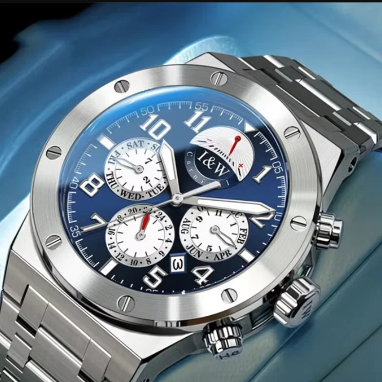 

Мужские автоматические часы I&W 41 мм, механические наручные часы, водонепроницаемость 50 м, светящиеся стрелки, сапфировое стекло, многофункциональные циферблаты: месяц, день недели, дата, 24 часа