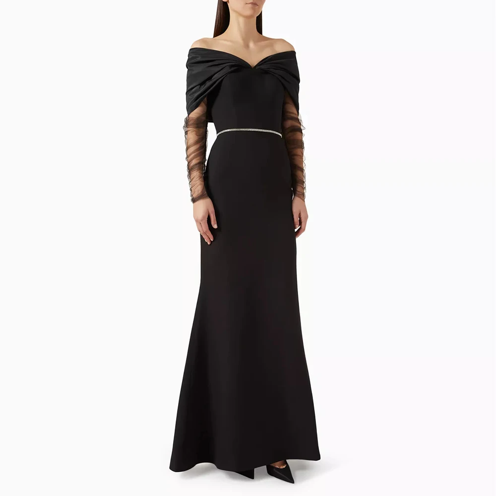 

Customized Black Evening Dresses Off Shoulder V-Neck Party Gown Formal A-Line Tulle Sleeve Cocktail Prom Gowns فساتين سهرة