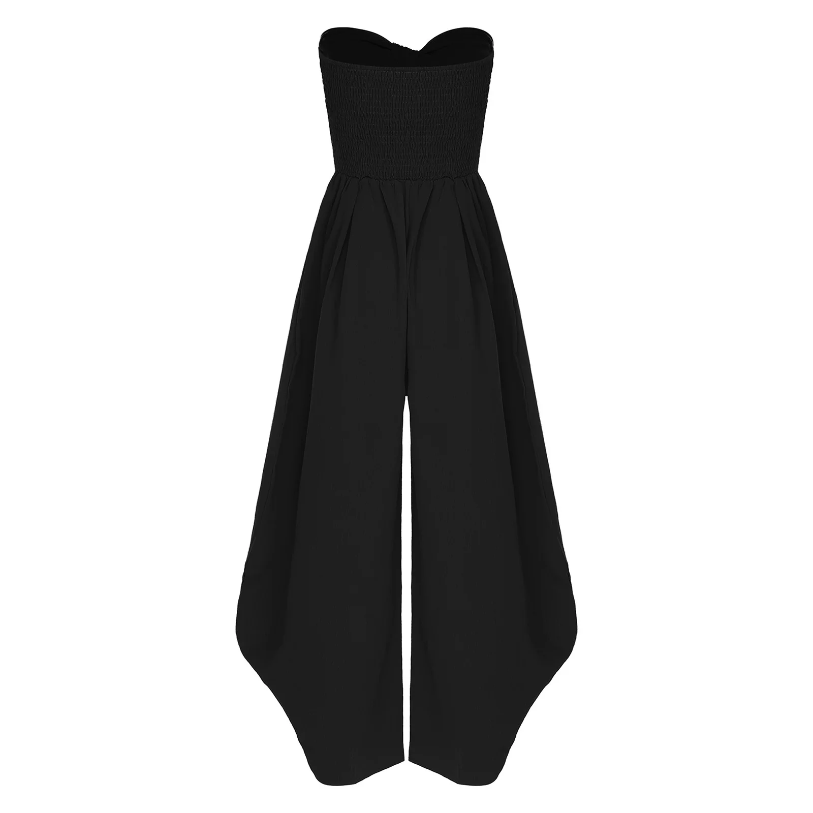 بدلة قفز نسائية أنيقة بعقدة ربط أمامية بدون حمالات مكشكشة عالية الخصر سراويل فضفاضة من قطعة واحدة لحفلات الكوكتيل والعطلات