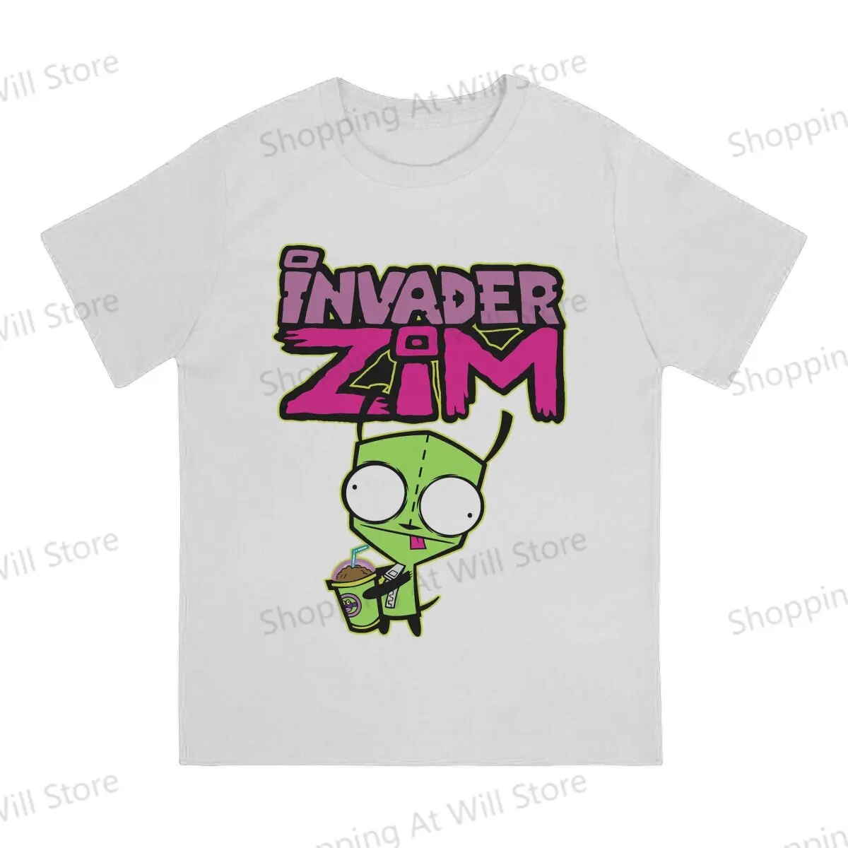 Tops 100% Cotton Fun Fashion Invader Zim GIR Snacking Men's and women's T-shirts  O neck short sleeved Tshirt