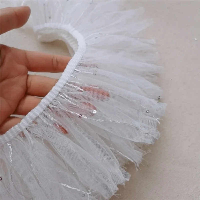 9cm Wide White Sequin Mesh Tassel Lace Ribbon Fabric DIY Toy Doll Pet Clothing Material Female Fashion Skirt Sewing Accessories
